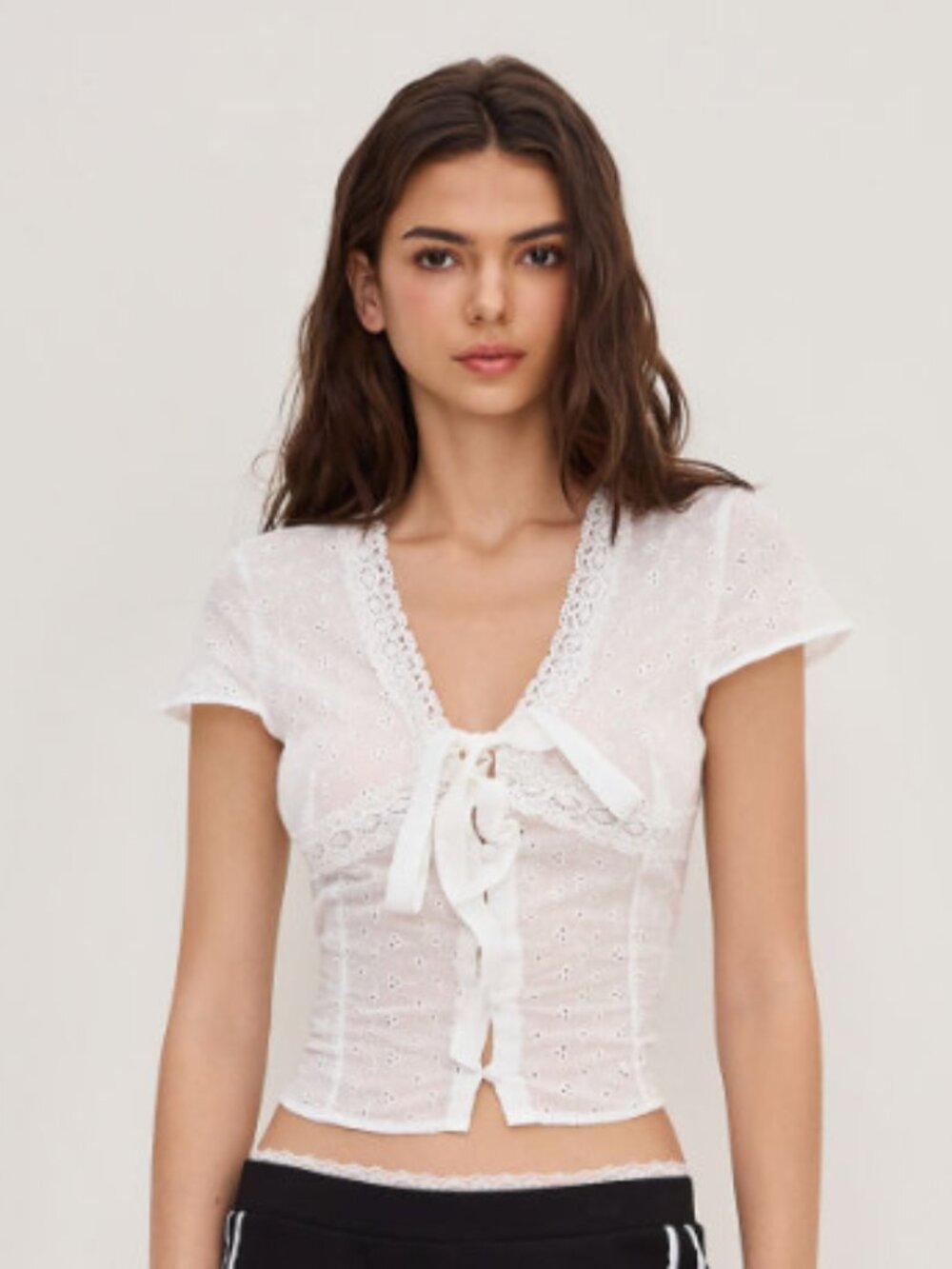 V-neck English Embroidery Bowknot Blouse - White